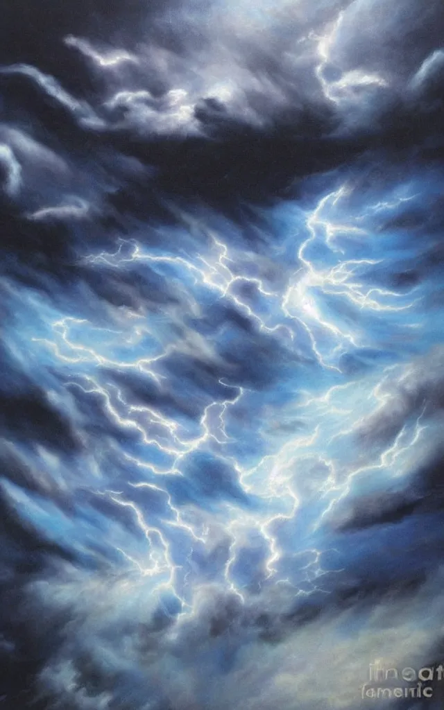 Prompt: blue and white night dramatic storm airbrushed clouds black background, airbrush fantasy 80s, realistic detailed masterpiece