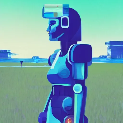 Image similar to a woman walking across a green field, a huge blue robot head in front of her, cyberpunk art by by james gilleard, cgsociety, retrofuturism, synthwave, retrowave, outrun