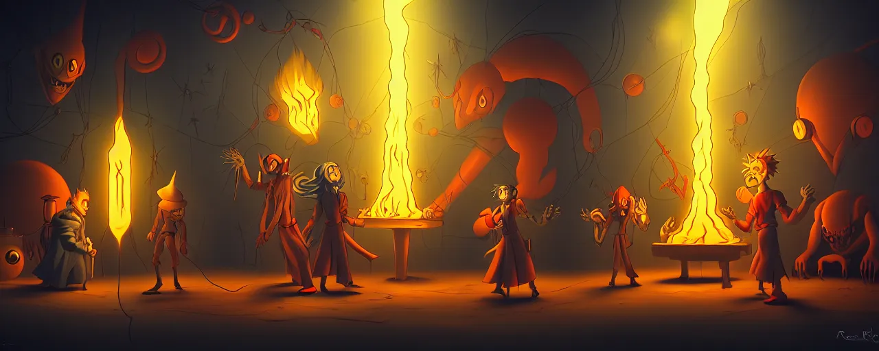 Prompt: wild alchemist mutants in a fiery alchemical lab deep in the imaginal sea, dramatic lighting, surreal fleischer cartoon characters, shallow dof, surreal painting by ronny khalil