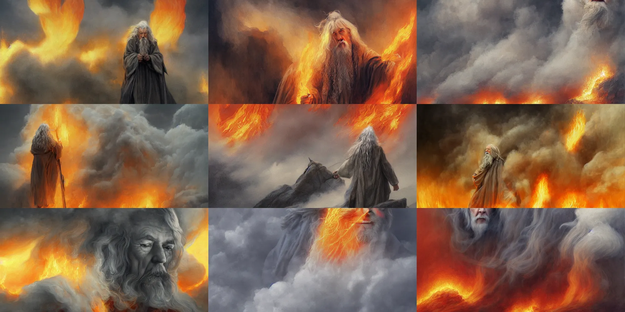 Prompt: gandalf inside a billowing cloud of flame and smoke by alan lee, intricate, detailed, wide angle, digital painting, artstation