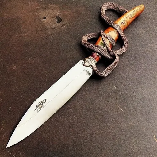 Image similar to “primitive bone dagger with leather cord wrapped around the handle, blade made out of bone, top down view”