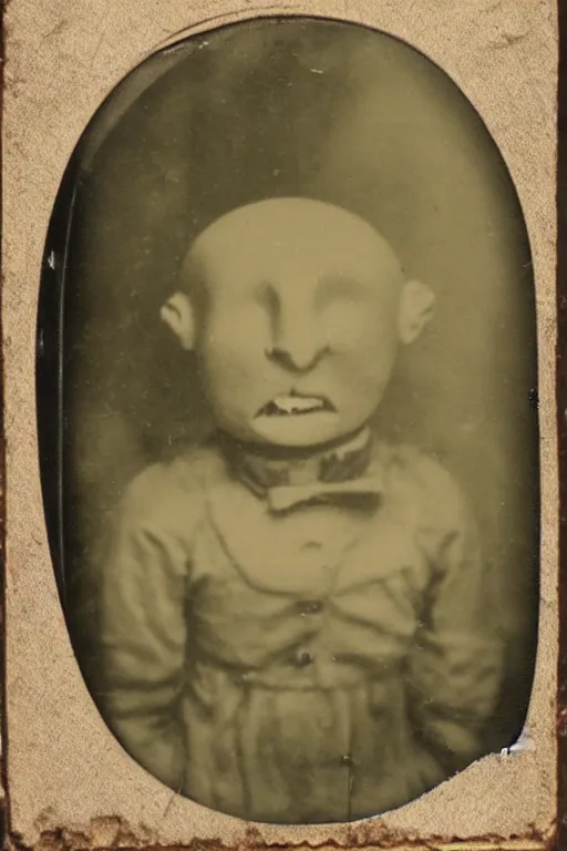 Prompt: dirty cracked crying vintage demonic mouthless bald doll sitting in dirt basement cobwebs tintype photo