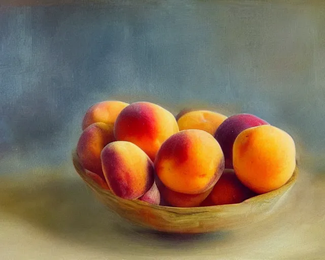 Prompt: three peaches, three apricots and three plums lie in a wooden bowl on a table with a red tablecloth, in the style of impressionism