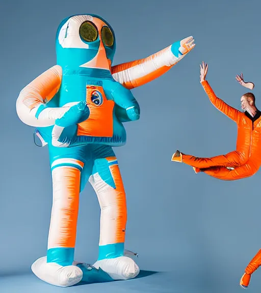 Prompt: an tall giant inflatable astronaut in an orange and teal suit, dancing in the mist. highly detailed