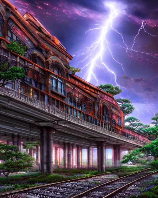 Prompt: a beautiful hyperdetailed anime illustration of railway abandoned city nature building architecture unfinished building by bernard tschumi, lightpaint dramatic lightning thermal vision architecture island tron matte painting reclaimed by nature uranus, archdaily, wallpaper, highly detailed, trending on artstation.