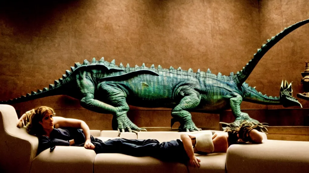 Prompt: a dinosaur lying on a couch at a museum, film still from the movie directed by David Fincher with art direction by Salvador Dalí, wide lens