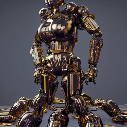 Image similar to octane render, a complex high poly cinematic 3 d model of a giant robotic android woman made out of porcelain with golden grout, jewel tone glowing eyes, fiber optic hair, inside a black rococo palace, 8 k, unreal enging, cinema 4 d, cinematic angle