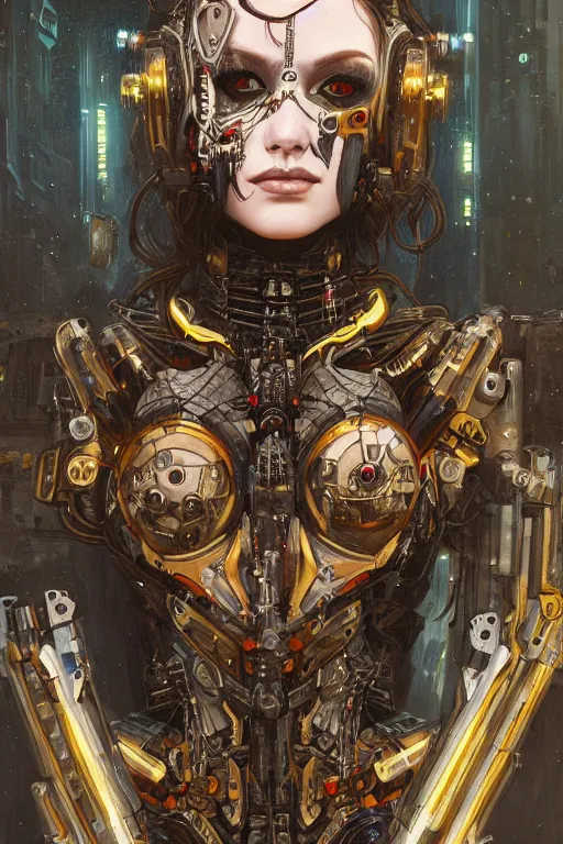 Image similar to portrait of beautiful young gothic cyborg maiden, cyberpunk, Warhammer, kiss, highly detailed, artstation, illustration, art by Gustav Klimt