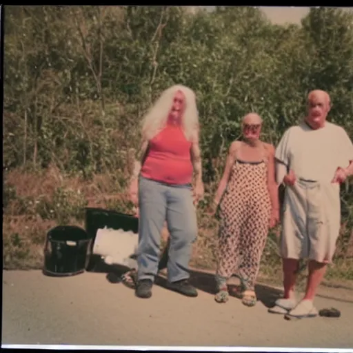 Prompt: found polaroid photo of trash humpers in the trailer park