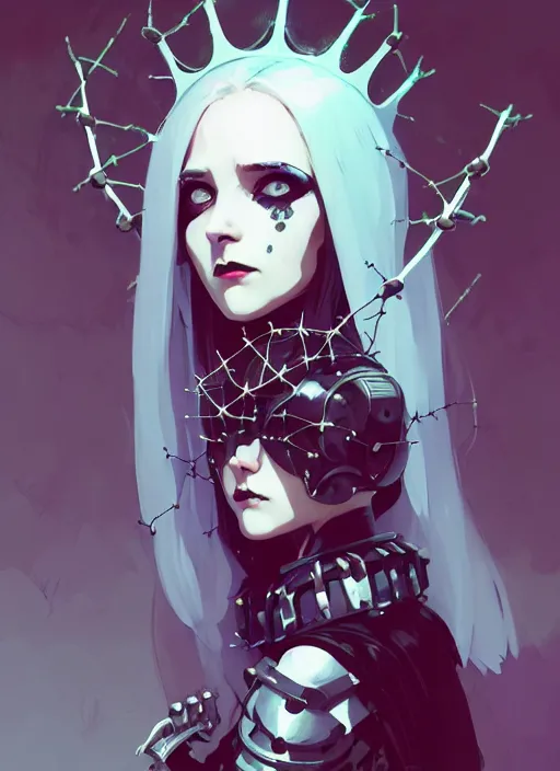 Image similar to portrait of cute goth maiden girl with crown of thorns in cyber armor, warhammer, cyberpunk, by atey ghailan, by greg rutkowski, by greg tocchini, by james gilleard, by joe fenton, by kaethe butcher, dynamic lighting, gradient light blue, brown, blonde cream and white color in scheme, grunge aesthetic