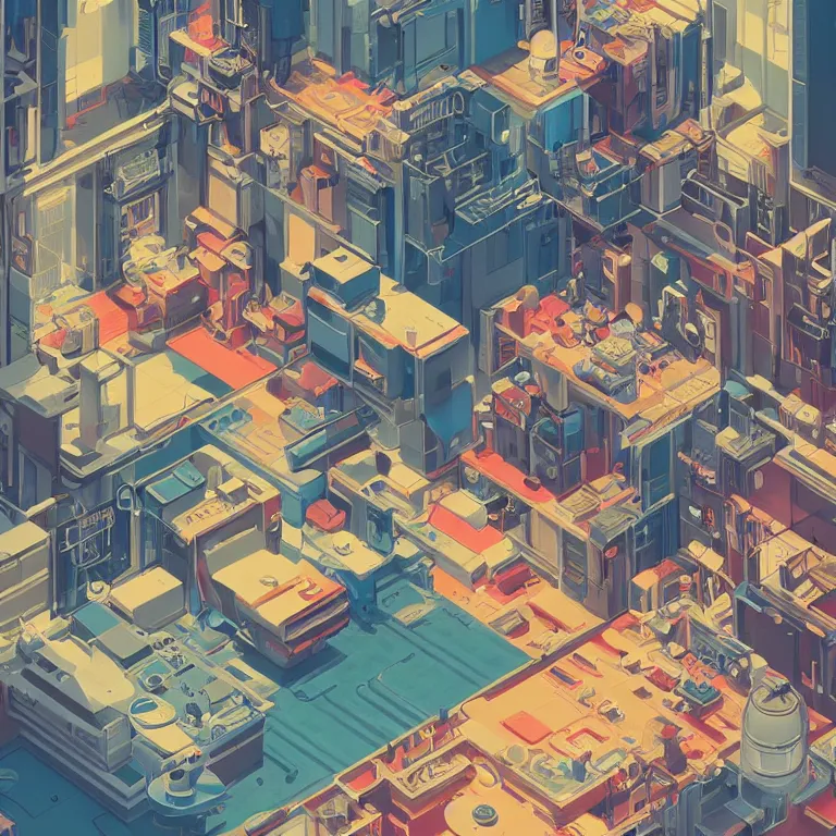 Image similar to isometric view illustration of a Cyberpunk apartment, highly detailed, by James Gilleard and Bruce Pennington