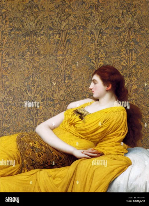 Image similar to masterpiece portrait of lady reclining on spilling flowing bed wearing yellow ochre ornate medieval dress, vertical, foreshortening, colour photography by frederic leighton, william morris, 8 k