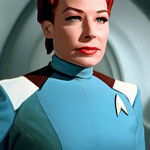 Prompt: portrait photograph of a retro futuristic space operator in star trek