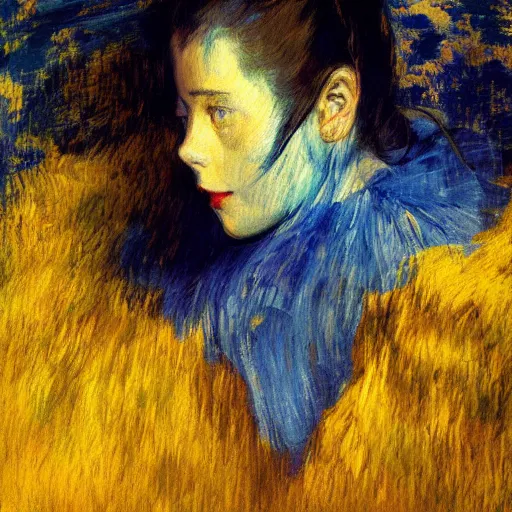 Prompt: palette knife oil painting portrait of a girl in a blue and gold room, film still by goya, by henri de toulouse - lautrec, extreme detail, liminal aesthetic, artgerm, deviant art, octane, substance, art history 8 k, art nouveau