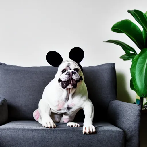 Image similar to a dog that looks like mickey mouse, white face, black body, black nose, black sharp ears, sitting down on a sofa, house plants in the background, indoors, dim light, photograph, 4 k, shot on iphone