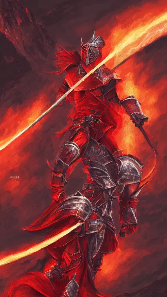 Image similar to a red knight with fire sword, volcano background, digital painting, highly detailed, intricate