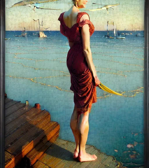 Prompt: a fancy beautiful young lady standing on a wharf at the edge of the sea by brom and gil elvgren and jean delville and william blake and norman rockwell and dan mumford, crisp details, hyperrealism, high detail, high contrast, low light, grey mist, cobblestones, dim lantern