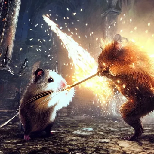 Prompt: A hamster in dark souls 3 fighting Irithyll of the Boreal Valley