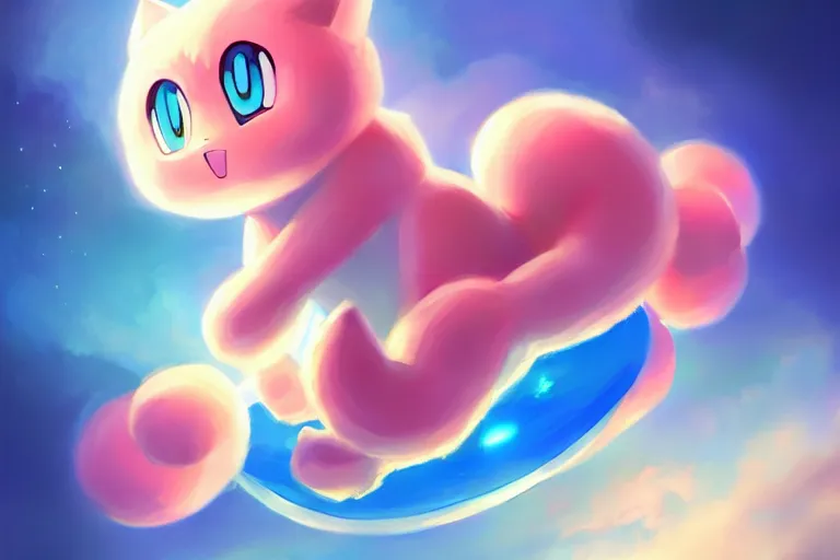 Prompt: cinematic portrait of cute Mew riding large blue bubble, oil on canvas in the style of Pokemon, epic masterpiece, trending on artstation, featured on pixiv, cinematic composition, dramatic pose, beautiful lighting, sharp, details, hyper-detailed, HD, HDR, 4K, 8K