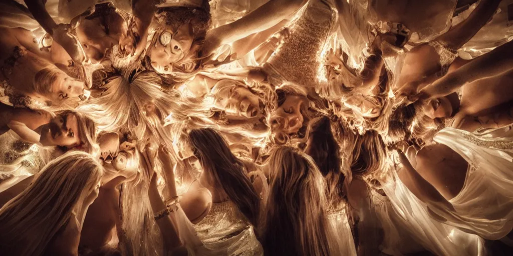 Image similar to love, groups of translucent people with long glowing hair, from below, rebirth, wide angle, cinematic atmosphere, elaborate, highly detailed, dramatic lighting