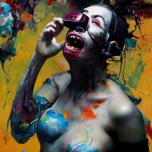 Prompt: grinning woman in a vr headset, dynamic energic pose, cyberpunk in the style of adrian ghenie, esao andrews, jenny saville, surrealism, dark art by james jean, takato yamamoto