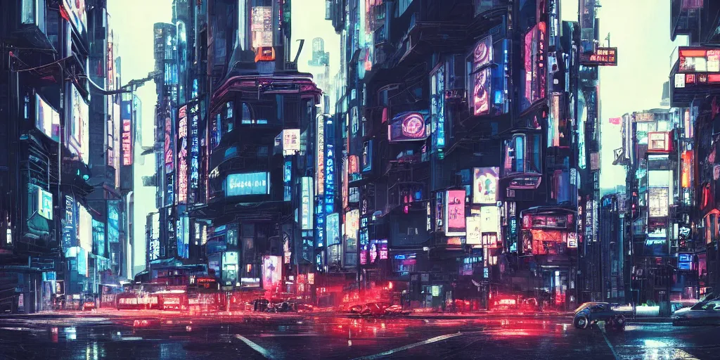 Image similar to Cyberpunk street with futuristic car in the foreground on a rainy day in Japan, evening, low angle view, detailed matte painting, cinematic, Moebius, Artstation