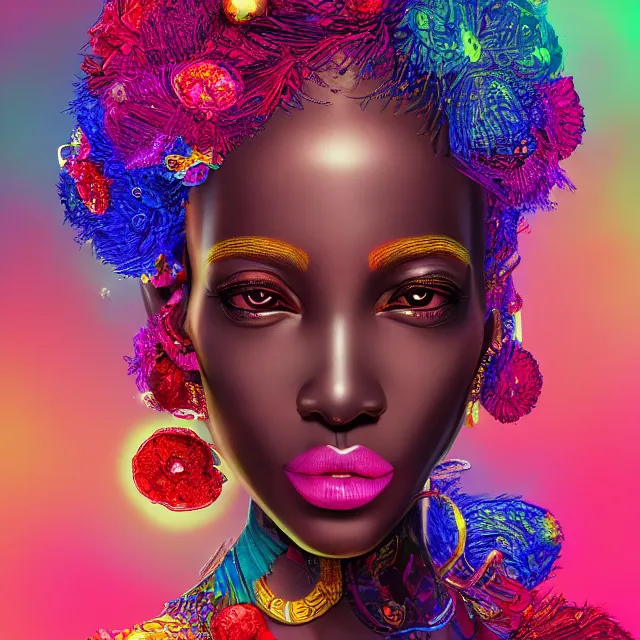 Prompt: studio portrait absurdly beautiful, elegant, lovely, young hypercolorful sensual african idol rubies red petals gems, ultrafine hyperrealistic detailed face illustration by kim jung gi, irakli nadar, intricate linework, sharp focus, bright colors, matte, octopath traveler, final fantasy, unreal engine highly rendered, global illumination, radiant light, intricate rainbow environment