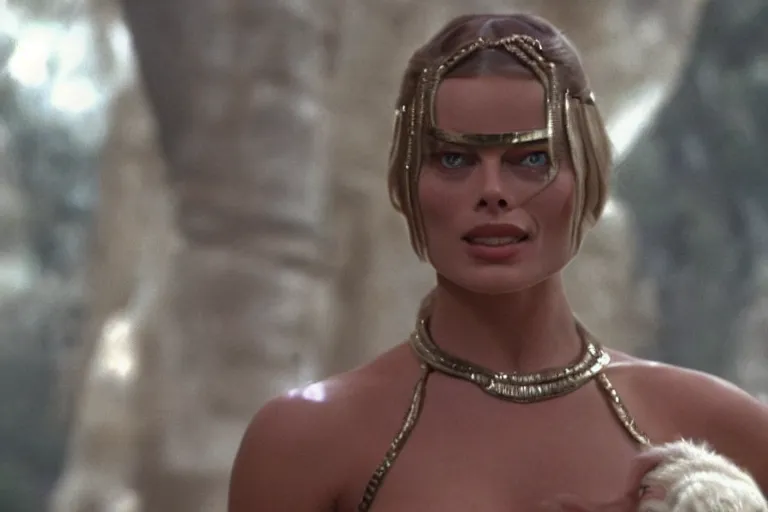 Prompt: A film still of Margot Robbie as slave leia in Return of the Jedi
