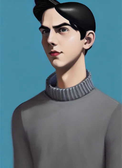 Image similar to portrait of teenage jughead jones wearing a light grey crown, crown, blue turtleneck, 1 9 5 0 s, closed eyes, photorealistic, black hair, glowing lighting, intricate, elegant, glowing lights, highly detailed, digital painting, artstation, concept art, smooth, sharp focus, illustration, art by wlop, mars ravelo and greg rutkowski