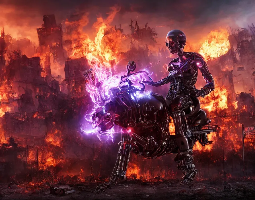 Image similar to terminator with purple flaming skull, destroyed town on background, fantasy artwork, very beautiful scenery, hd, hdr, ue 5, ue 6, unreal engine 5, cinematic 4 k wallpaper, 8 k, ultra detailed, by popular digital, details, beautiful image ever created, high resolution, artstation, award winning