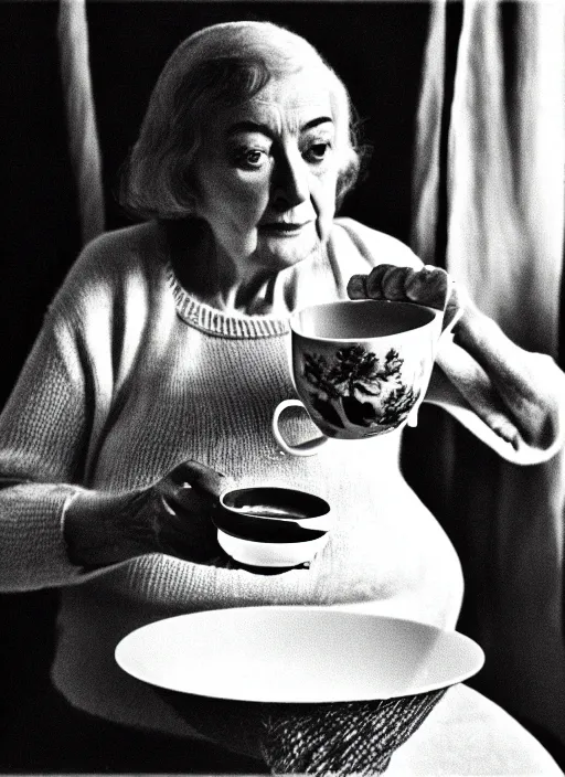 Image similar to A frame from the film 'Knitting at Home sipping some tea' directed by Salvador Dali, 70mm, grainy film photography, chiaroscuro, highly detailed, masterpiece