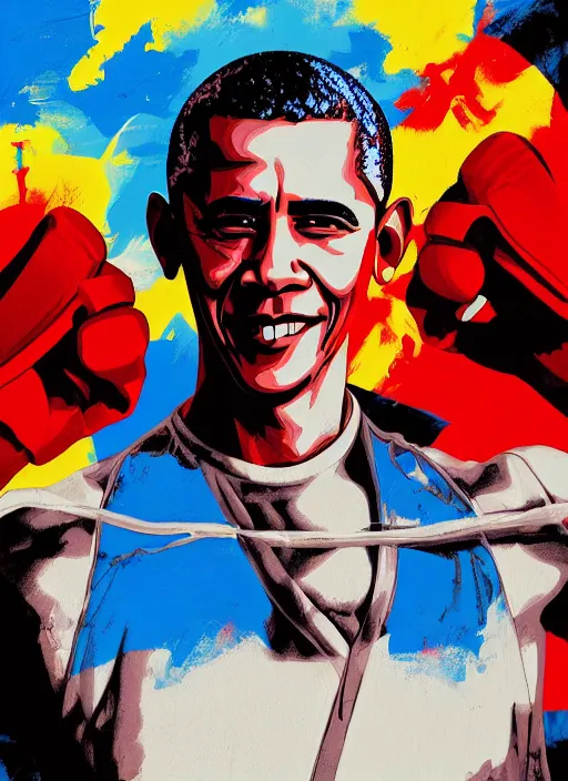 Prompt: barack obama in street fighter, fashion, soft, vintage maximalist style, digital painting, 4 k, hdr, sharp focus, art by sandra chevrier, john hoyland, teamlab fine art with subtle redshift rendering