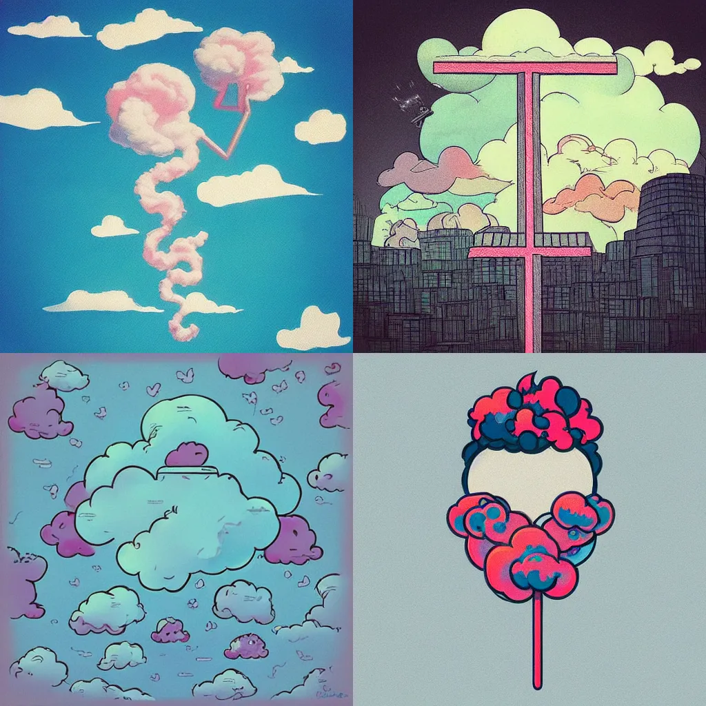Prompt: “cotton candy clouds, floating cross, album art in the style of James Jean”