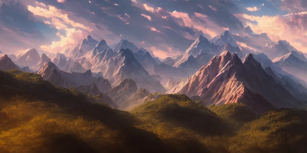 Image similar to A highly detailed matte oil painting of a mountain range by Mokoto Shinkai, hyperrealistic, breathtaking, beautiful composition, by Artgerm, by beeple, by Studio Ghibli, volumetric lighting, octane render, 4K resolution, trending on artstation