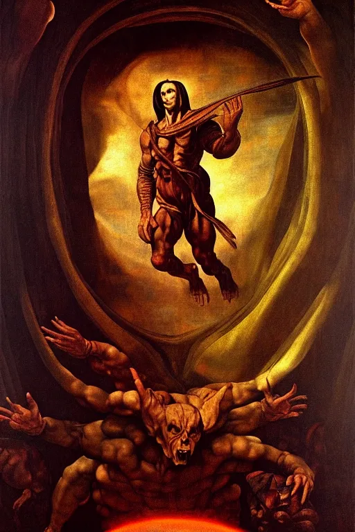 Image similar to portrait of diablo stepping forth from a demonic portal, oil painting, high detail, dark lighting, atmospheric, extremely detailed, intricate, da vinci, michelangelo, caravaggio, hans holbein, raphael, donatello, 8 k