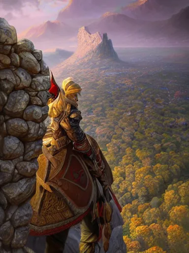 Image similar to back of a powerful king, from the top of the stone walls, looking to the very distant horizon full of montains and valleys. intricate, elegant, highly detailed, digital painting, artstation, concept art, sharp focus, illustration, by justin gerard and artgerm, 8 k