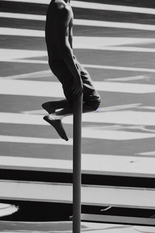 Prompt: close up of cody simpson standing on the diving board, summer olympics footage, 3 5 mm, highly detailed, color photo, cinematic lighting