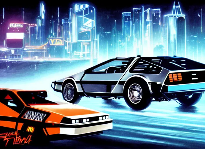 Prompt: concept art, delorean, knight rider, daft punk, tron legacy, vyle art