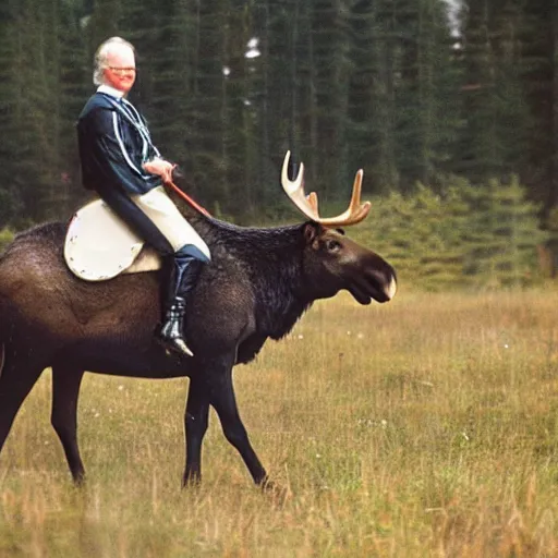 Prompt: portrait of carl xvi gustaf riding a moose into battle