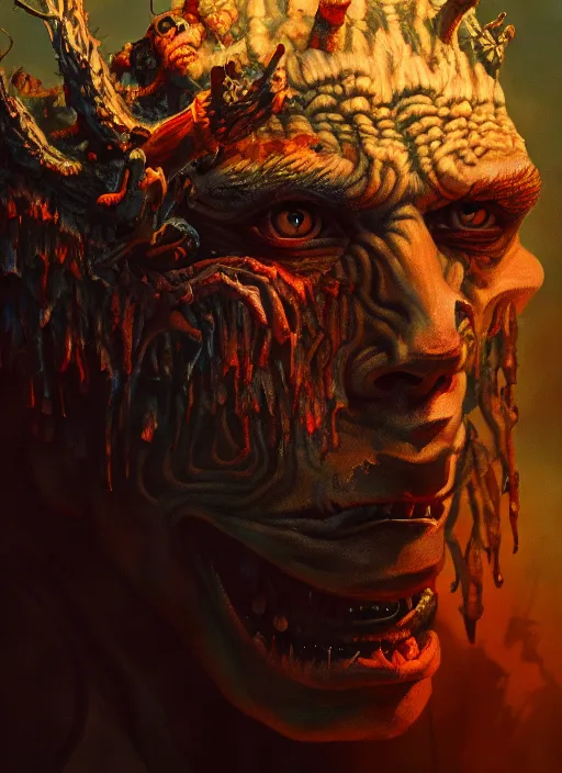 Image similar to close up portrait of a gay monster in the mountains of hell, oil painting by tomasz jedruszek, cinematic lighting, pen and ink, intricate line, hd, 4 k, million of likes, trending on artstation