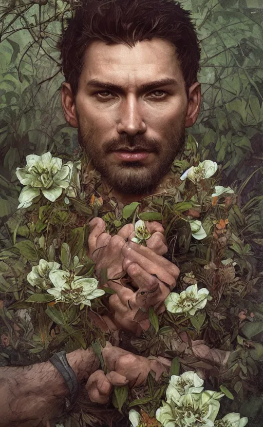 Image similar to god of the forest, 3 0 years old, rugged, handsome, male, detailed face, clean lines, atmospheric lighting, amazing, full body, thighs, flowers, muscular, intricate, highly detailed, digital painting, deviantart, concept art, sharp focus, illustration, art by greg rutkowski and alphonse mucha