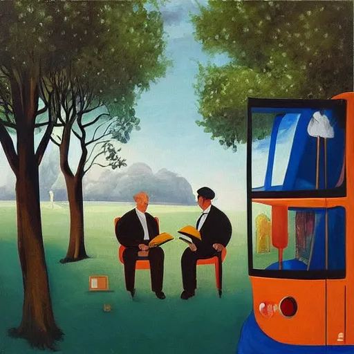 Prompt: “an idyllic painting of two men sitting on a bus, both reading heavy old books, one is blond, the other dark haired. Wearing monocles!!. In the style of neo rauch. Symmetric”