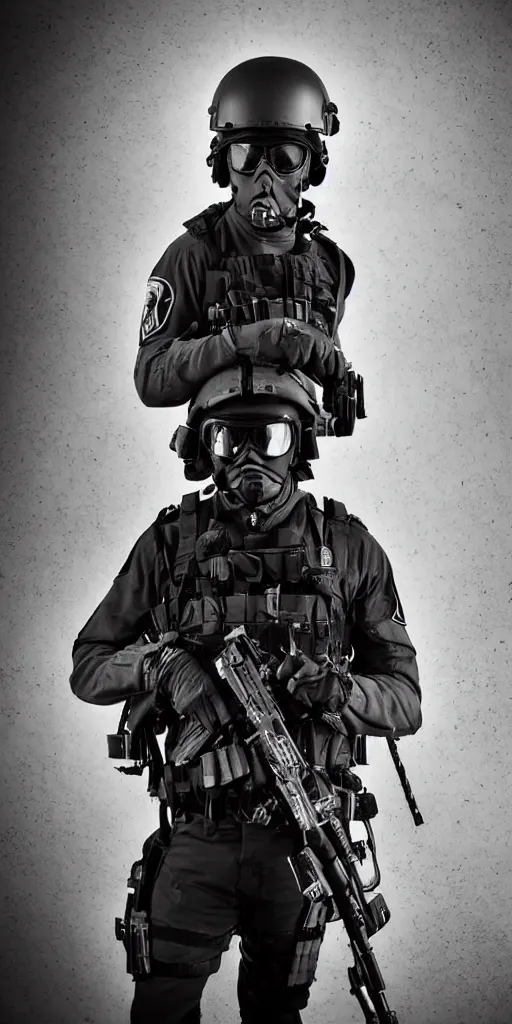 Image similar to portrait of a swat agent with a tactical helmet and goggles holding a machine gun, his head is burning , at night, mid shot, editorial photography