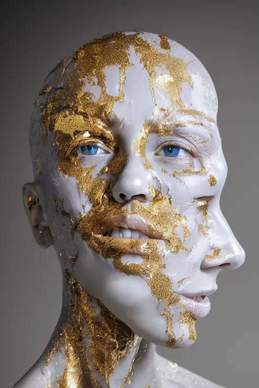 Image similar to full head and shoulders, beautiful porcelain female person, smooth, delicate facial features, white detailed eyes, white lashes, 3 d white anatomical bones, large electrical gold sparks, gold leaf and glowing lightening, by daniel arsham and james jean