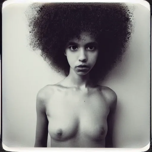 Image similar to polaroid picture, beautiful light - skinned teenage girl, symmetrical face, curly hair, afro, full shot, artistic, black and white, eerie, francesca woodman style