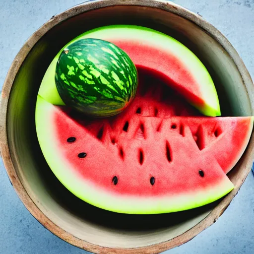 Image similar to a watermelon banana sitting in a bowel, product photography