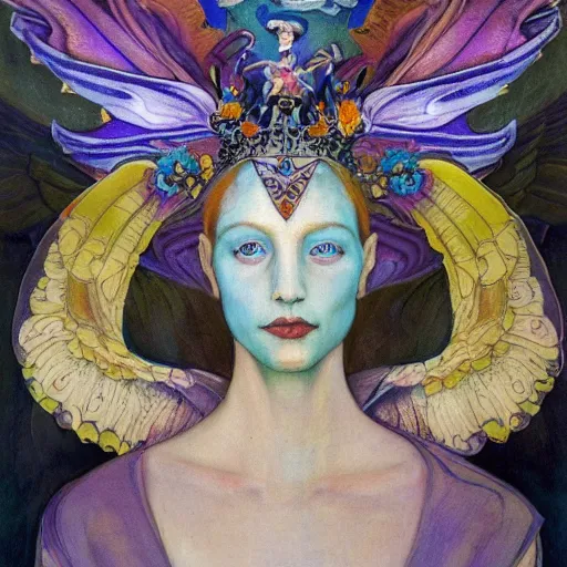 Image similar to the bone crown, the crown of wings, by Annie Swynnerton and Nicholas Roerich and Diego Rivera, bioluminescent skin, tattoos, wings made out of flowers, elaborate costume, geometric ornament, symbolist, cool colors like blue and green and violet, smooth, sharp focus, extremely detailed