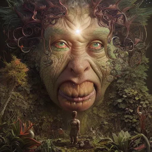 Image similar to a hyperrealistic illustration of a mix of an oger and giant and goblin, 8 k ultra realistic creature, detailed intricate, with fractal sunlight, award - winning, masterpiece, in the style of tom bagshaw, cedric peyravernay, peter mohrbacher