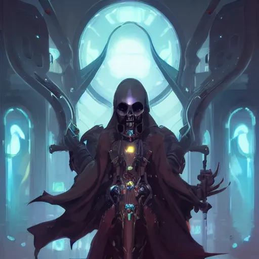 Image similar to portrait of a cybernetic grim reaper, cyberpunk concept art by pete mohrbacher and artgerm and wlop and greg rutkowski and deathburger, digital art, highly detailed, intricate, sci - fi, sharp focus, trending on artstation hq, deviantart, unreal engine 5, 4 k uhd image