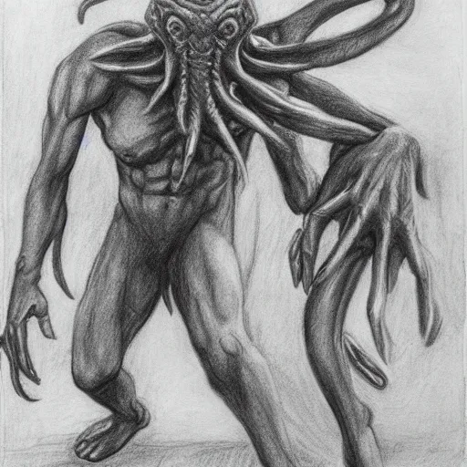 Prompt: cthulhu kidnapping a human, michelangelo drawing sketch, graphite